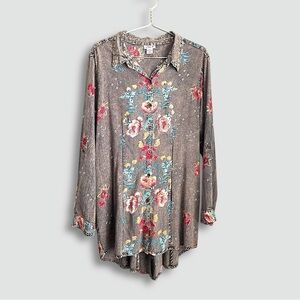 Lola P Floral Peasant Tunic Boho Chic Top Roll Tab Sleeves Ties in Back